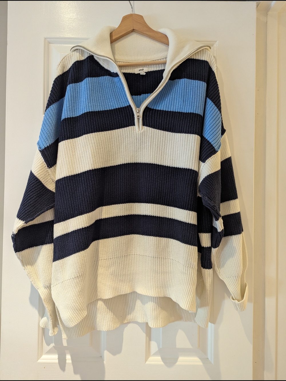 Coastal Preppy aerie Beyond Zip Up Blue Striped Cotton Knit Sweater Rugby S/M/L
